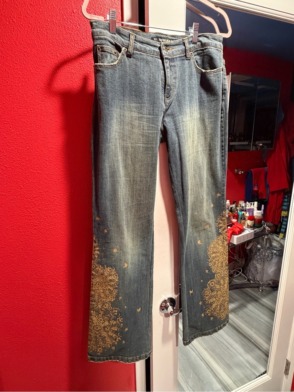 DKNY Blue Flare Jeans with Gold Lace Print